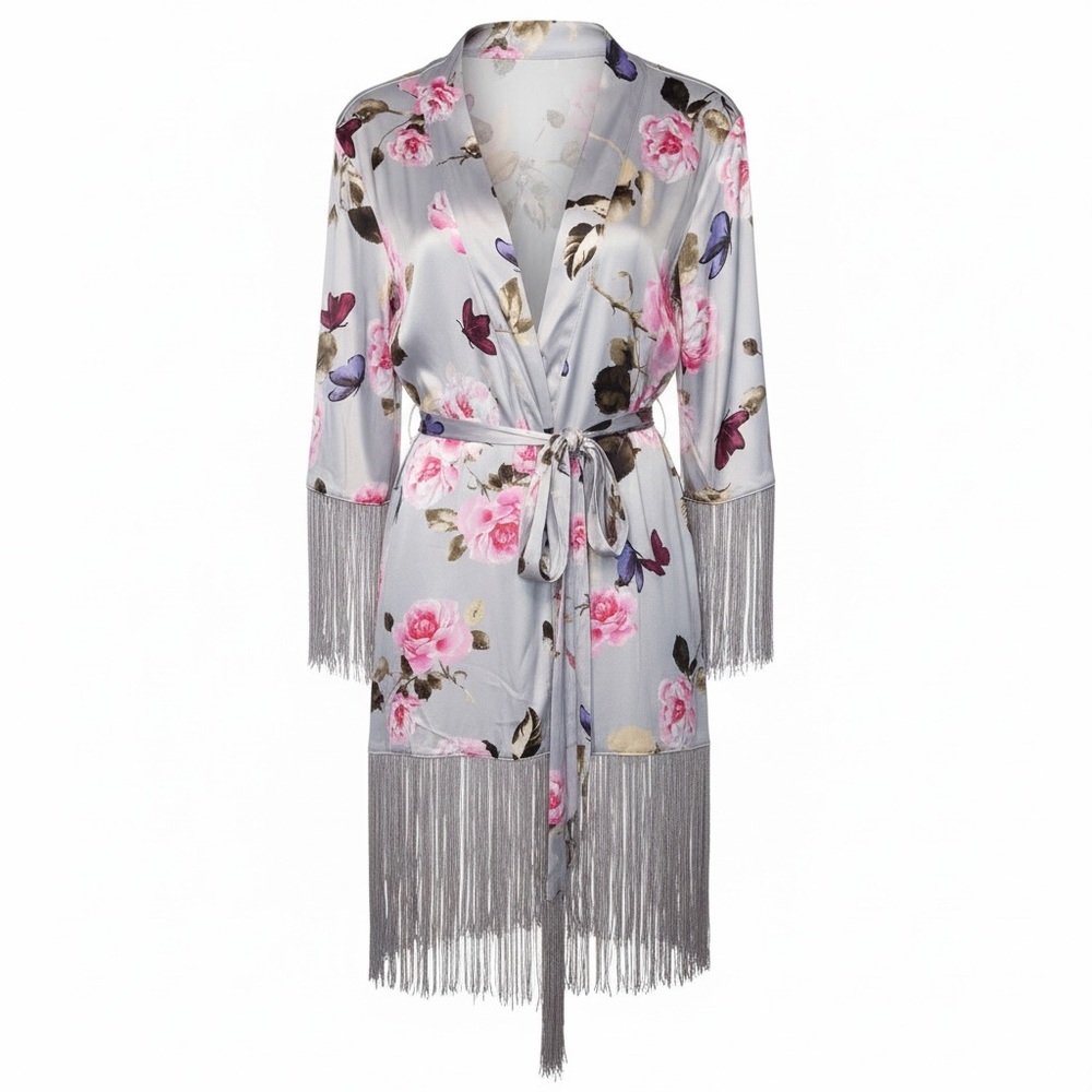 Victoria Secret NEW M/L floral satin fringe trim kimono